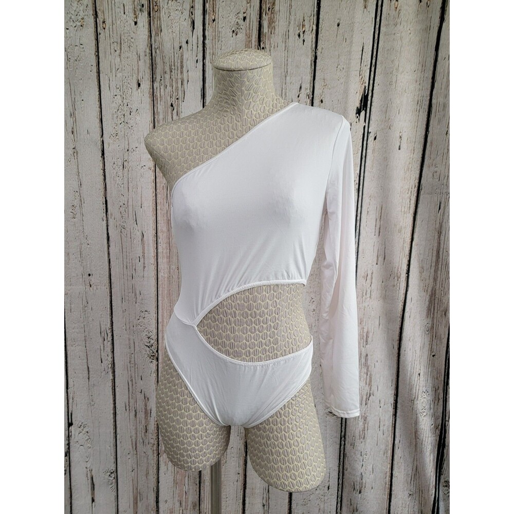 Nasty Gal Womens 6 White Long Sleeve‎ One Shoulder Cut Out Bodysuit Top NEW NWT